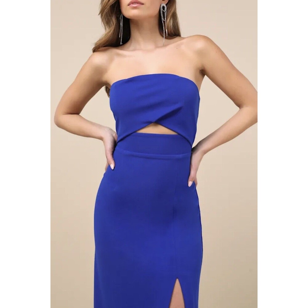Lulus Extravagant Persona Blue Strapless Cutout Column Maxi Dress Medium NWT